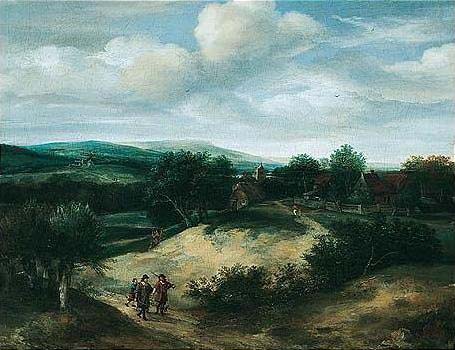 Landscape with huntsmen on a track before a village